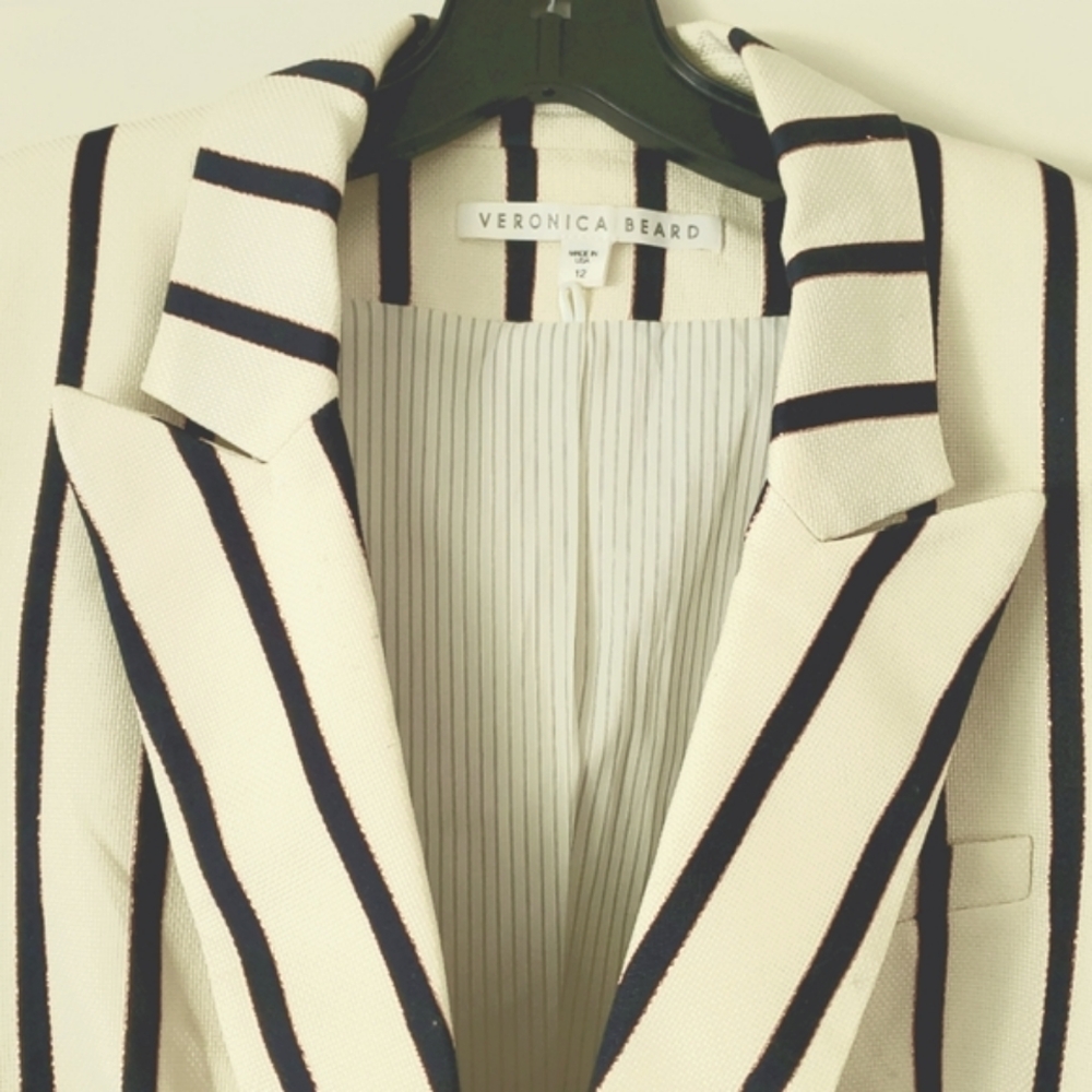 Veronica Beard Preppy Old School Black and Cream Striped Blazer 12 L - Picture 3 of 6